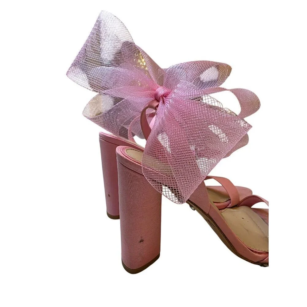 Pink Heeled Sandals With Large Tulle Bow Accent & Adjustable‎ Ankle Strap - Picture 9 of 16